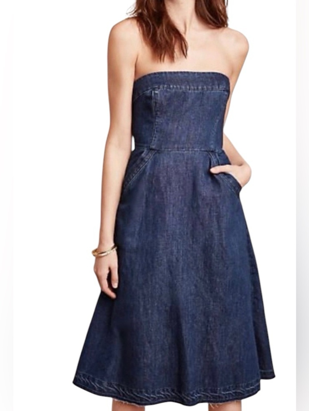 Anthropologie Holding Horses Strapless Denim Linen Blend Dress 6 Boho